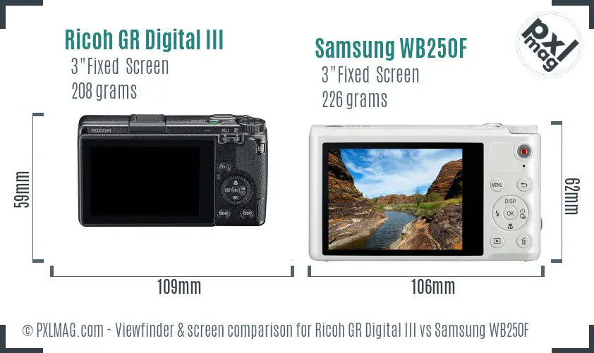 Ricoh GR Digital III vs Samsung WB250F Screen and Viewfinder comparison