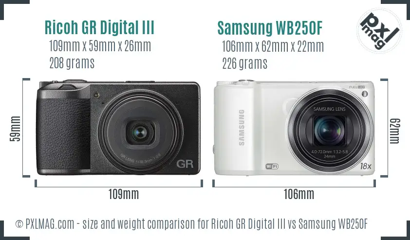 Ricoh GR Digital III vs Samsung WB250F size comparison