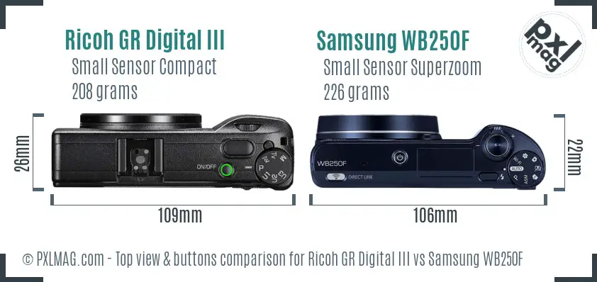 Ricoh GR Digital III vs Samsung WB250F top view buttons comparison