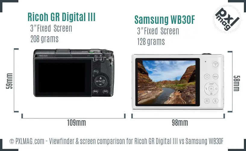 Ricoh GR Digital III vs Samsung WB30F Screen and Viewfinder comparison