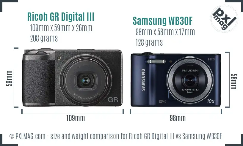 Ricoh GR Digital III vs Samsung WB30F size comparison