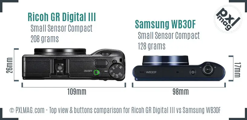 Ricoh GR Digital III vs Samsung WB30F top view buttons comparison