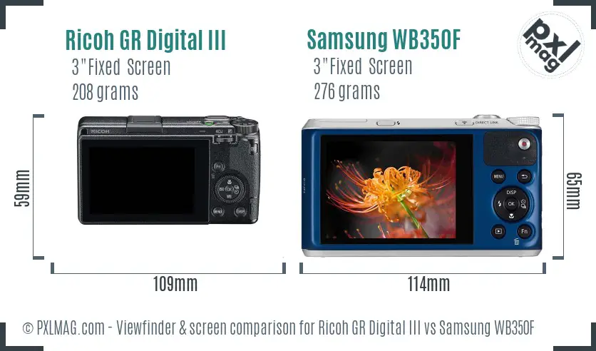 Ricoh GR Digital III vs Samsung WB350F Screen and Viewfinder comparison