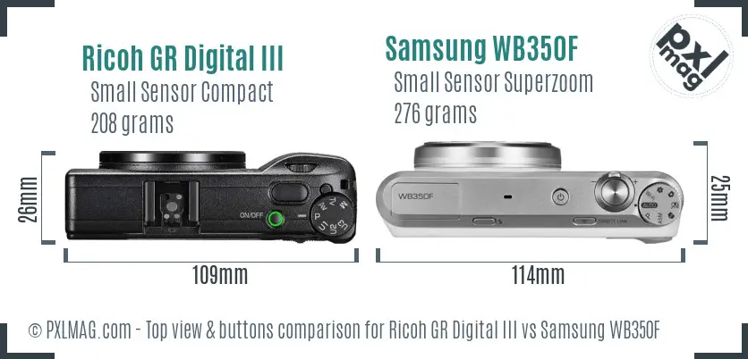 Ricoh GR Digital III vs Samsung WB350F top view buttons comparison