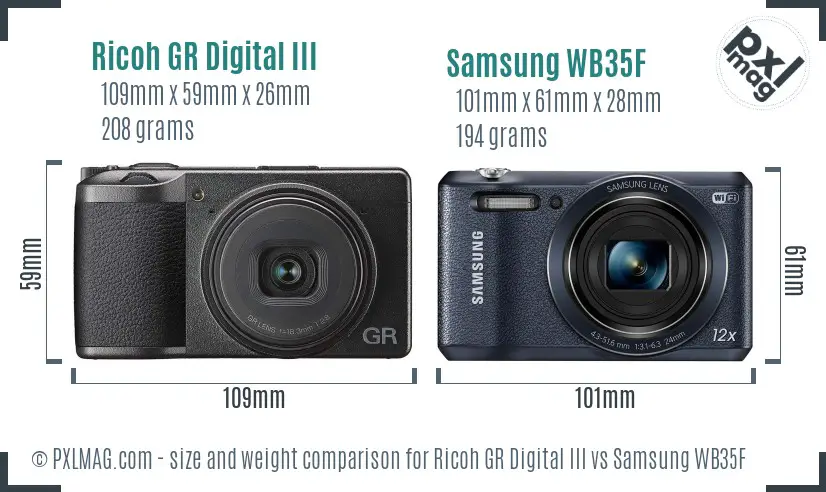 Ricoh GR Digital III vs Samsung WB35F size comparison