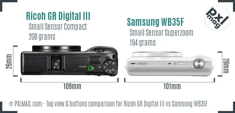 Ricoh GR Digital III vs Samsung WB35F top view buttons comparison