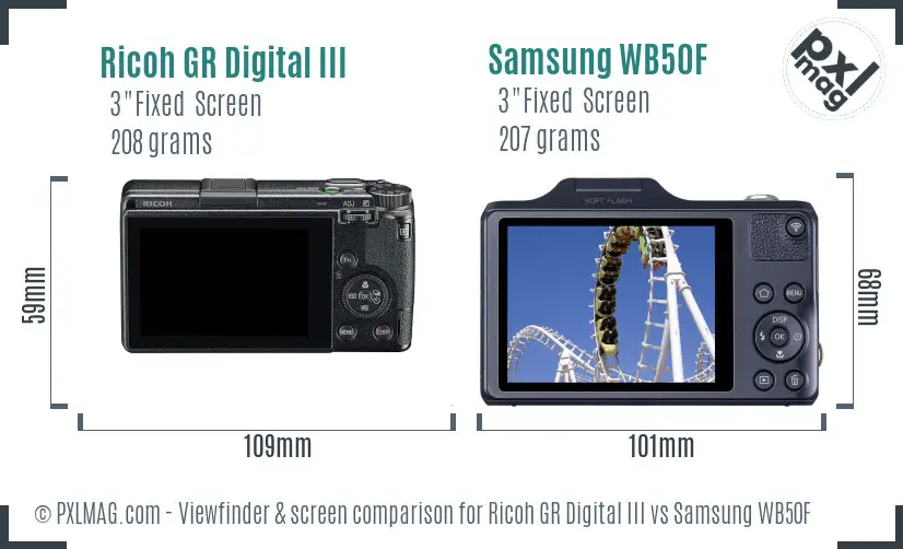 Ricoh GR Digital III vs Samsung WB50F Screen and Viewfinder comparison