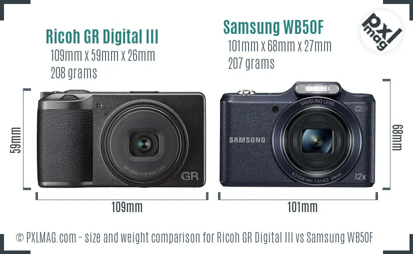 Ricoh GR Digital III vs Samsung WB50F size comparison