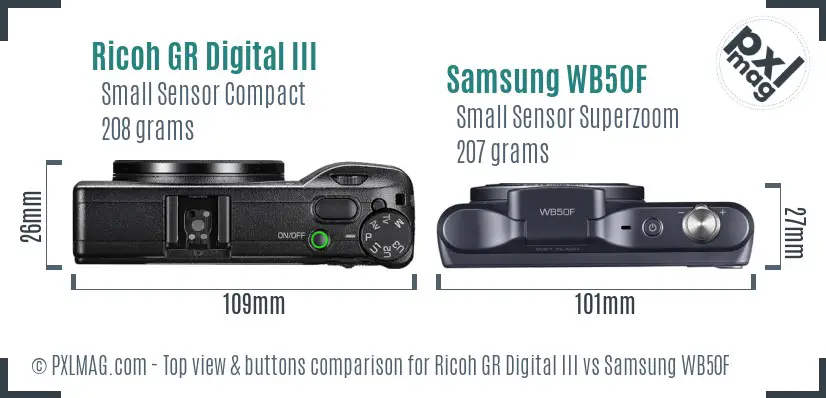 Ricoh GR Digital III vs Samsung WB50F top view buttons comparison