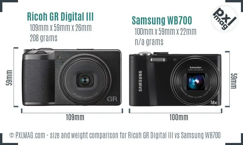 Ricoh GR Digital III vs Samsung WB700 size comparison