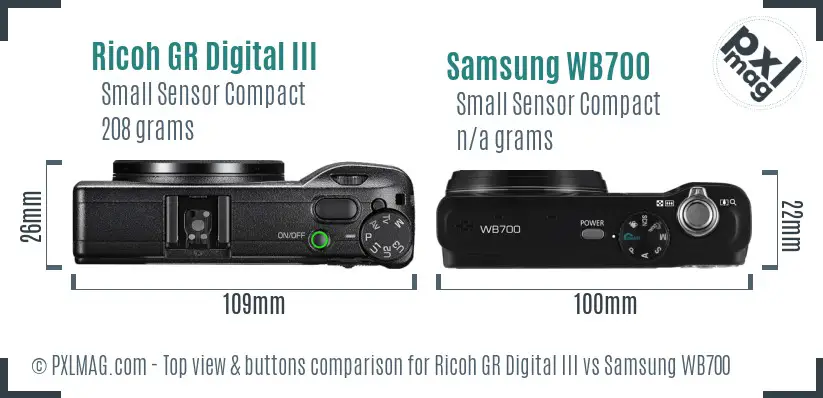 Ricoh GR Digital III vs Samsung WB700 top view buttons comparison