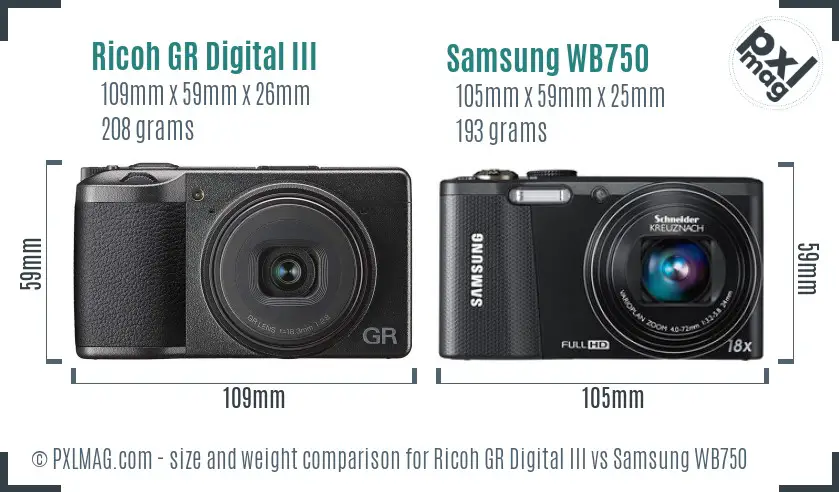 Ricoh GR Digital III vs Samsung WB750 size comparison