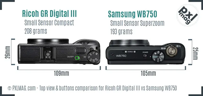 Ricoh GR Digital III vs Samsung WB750 top view buttons comparison