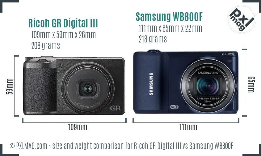 Ricoh GR Digital III vs Samsung WB800F size comparison