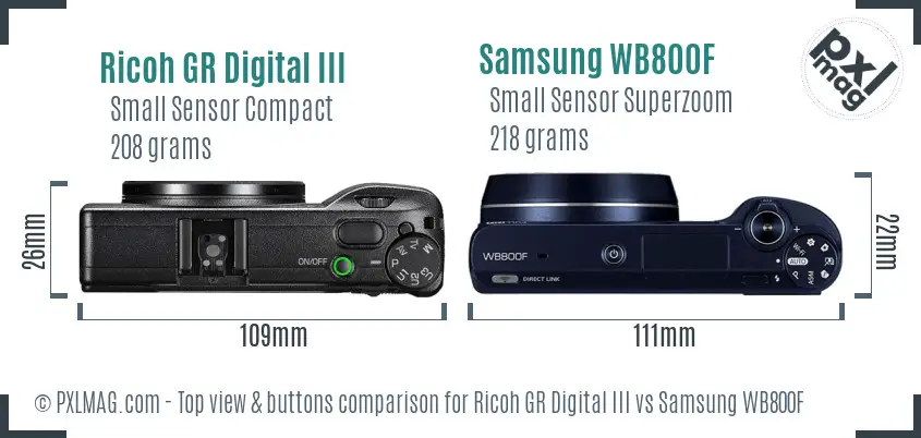 Ricoh GR Digital III vs Samsung WB800F top view buttons comparison