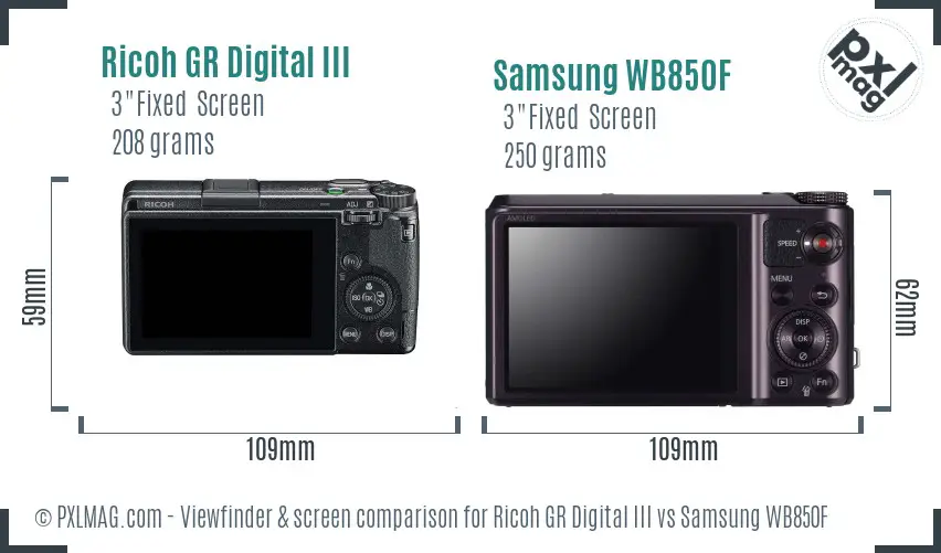 Ricoh GR Digital III vs Samsung WB850F Screen and Viewfinder comparison