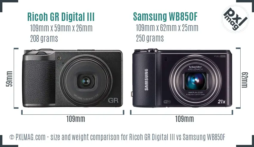 Ricoh GR Digital III vs Samsung WB850F size comparison