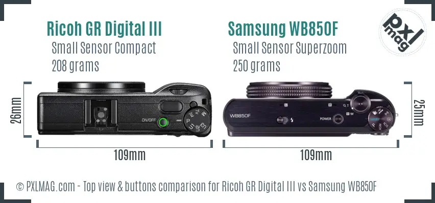 Ricoh GR Digital III vs Samsung WB850F top view buttons comparison