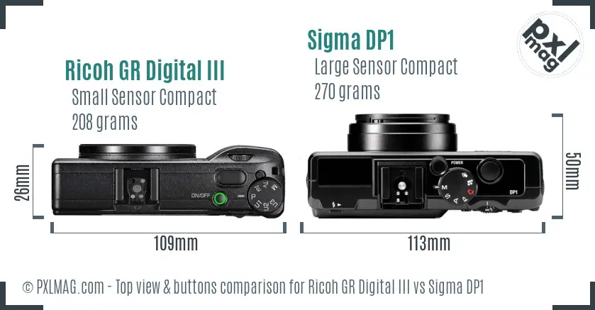 Ricoh GR Digital III vs Sigma DP1 top view buttons comparison