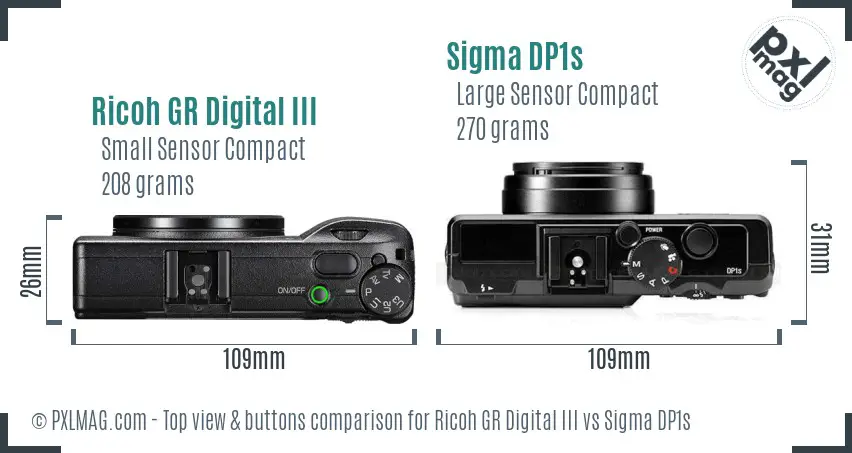 Ricoh GR Digital III vs Sigma DP1s top view buttons comparison