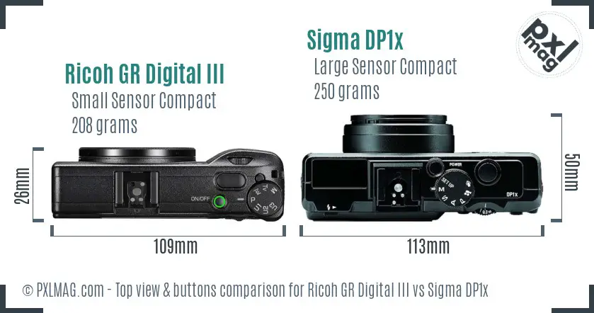Ricoh GR Digital III vs Sigma DP1x top view buttons comparison