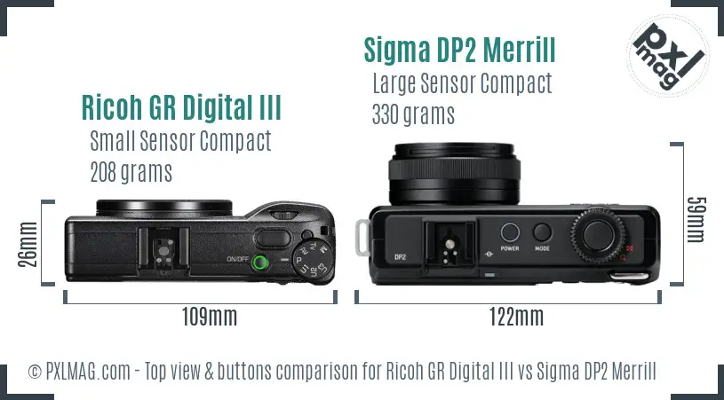 Ricoh GR Digital III vs Sigma DP2 Merrill top view buttons comparison