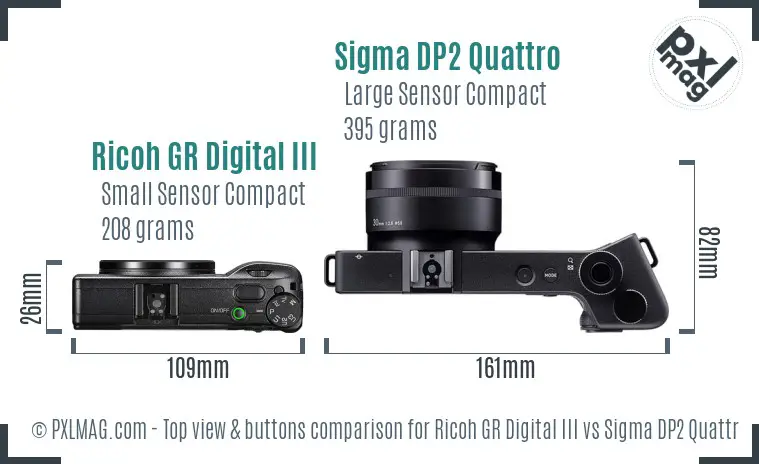 Ricoh GR Digital III vs Sigma DP2 Quattro top view buttons comparison