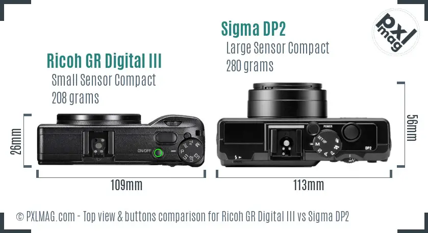 Ricoh GR Digital III vs Sigma DP2 top view buttons comparison