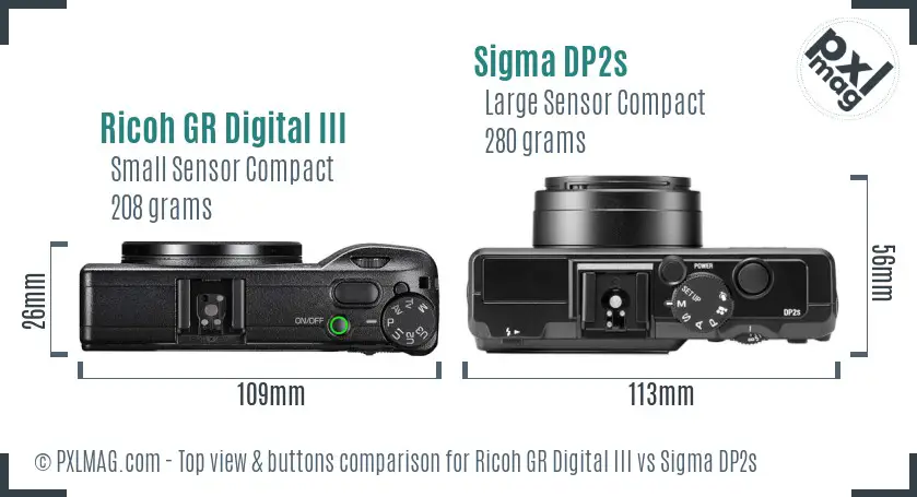 Ricoh GR Digital III vs Sigma DP2s top view buttons comparison
