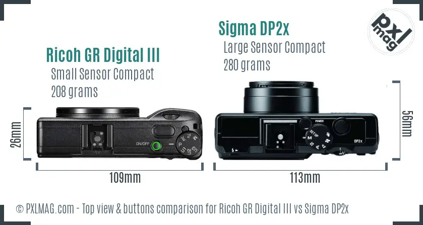 Ricoh GR Digital III vs Sigma DP2x top view buttons comparison