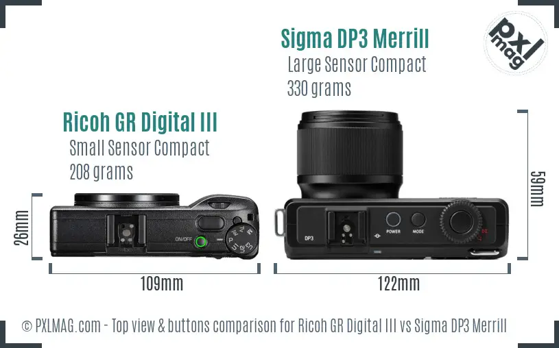 Ricoh GR Digital III vs Sigma DP3 Merrill top view buttons comparison