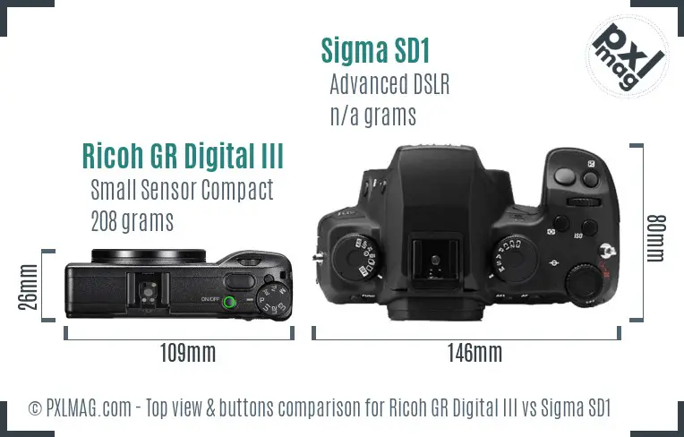 Ricoh GR Digital III vs Sigma SD1 top view buttons comparison