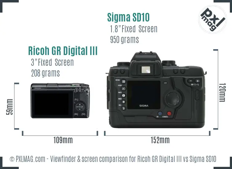 Ricoh GR Digital III vs Sigma SD10 Screen and Viewfinder comparison