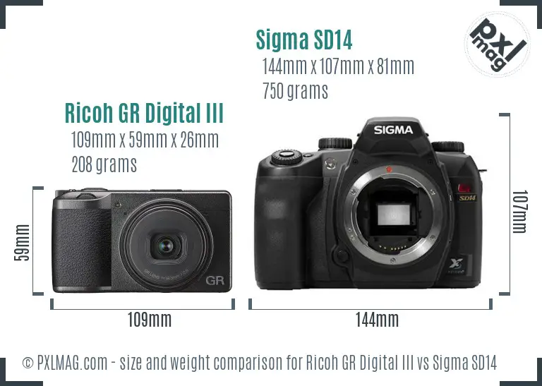 Ricoh GR Digital III vs Sigma SD14 size comparison