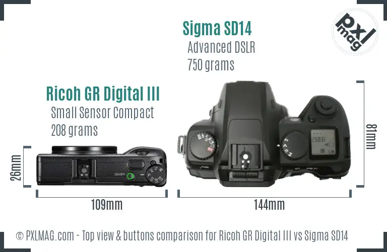 Ricoh GR Digital III vs Sigma SD14 top view buttons comparison