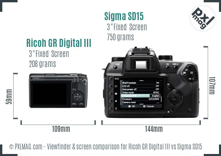 Ricoh GR Digital III vs Sigma SD15 Screen and Viewfinder comparison