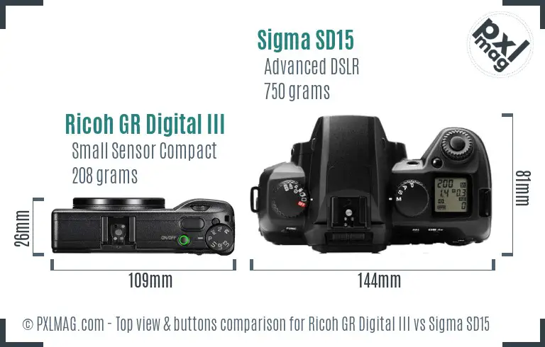 Ricoh GR Digital III vs Sigma SD15 top view buttons comparison