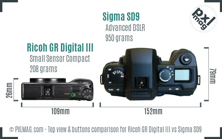 Ricoh GR Digital III vs Sigma SD9 top view buttons comparison