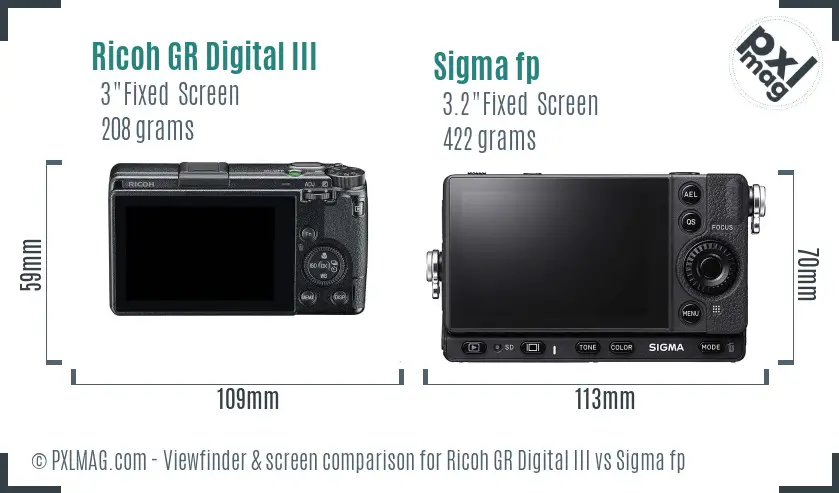 Ricoh GR Digital III vs Sigma fp Screen and Viewfinder comparison