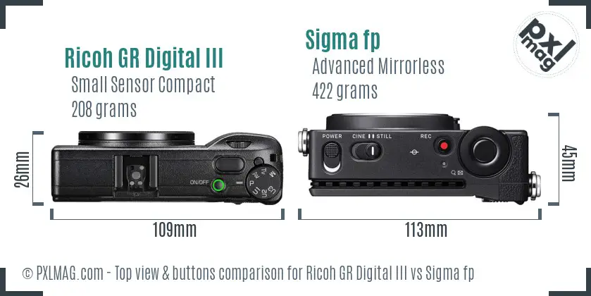 Ricoh GR Digital III vs Sigma fp top view buttons comparison