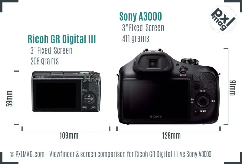 Ricoh GR Digital III vs Sony A3000 Screen and Viewfinder comparison