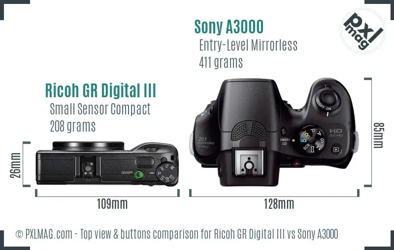 Ricoh GR Digital III vs Sony A3000 top view buttons comparison
