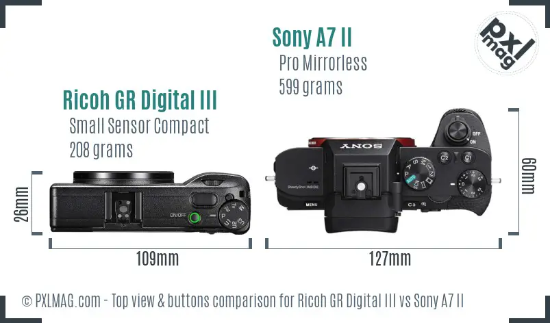 Ricoh GR Digital III vs Sony A7 II top view buttons comparison