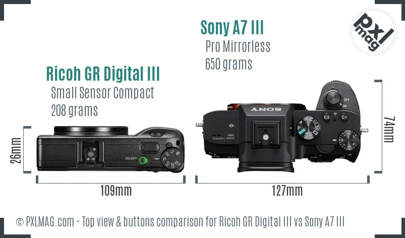 Ricoh GR Digital III vs Sony A7 III top view buttons comparison