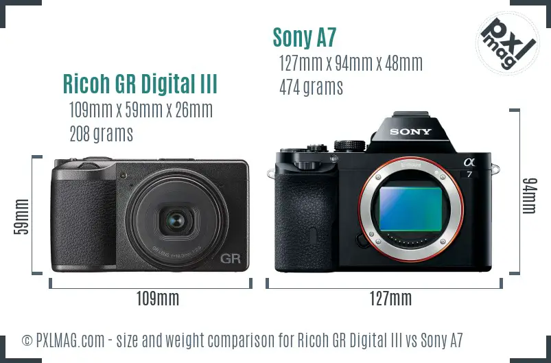 Ricoh GR Digital III vs Sony A7 size comparison