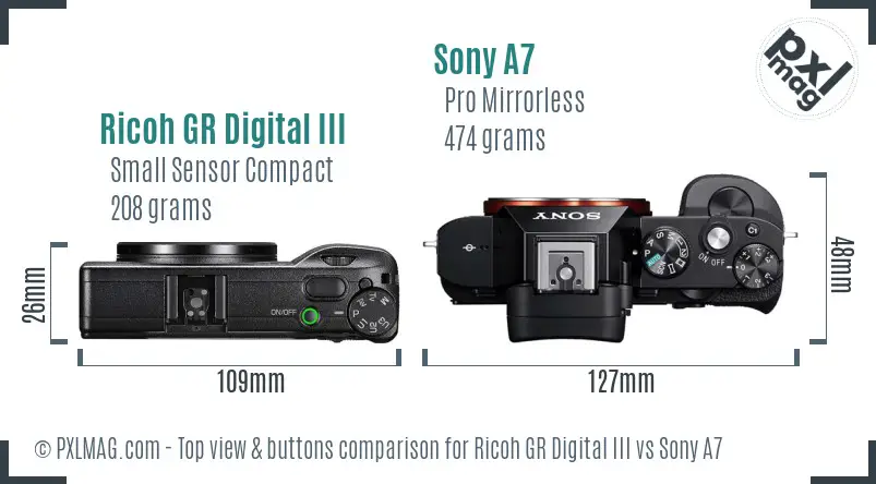 Ricoh GR Digital III vs Sony A7 top view buttons comparison