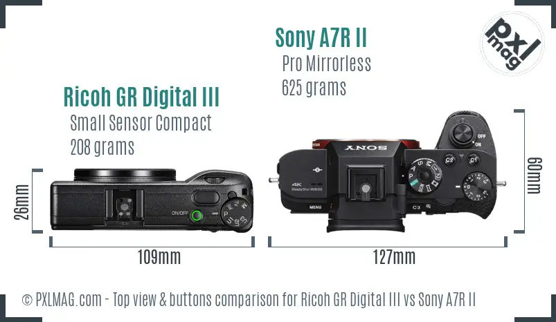 Ricoh GR Digital III vs Sony A7R II top view buttons comparison