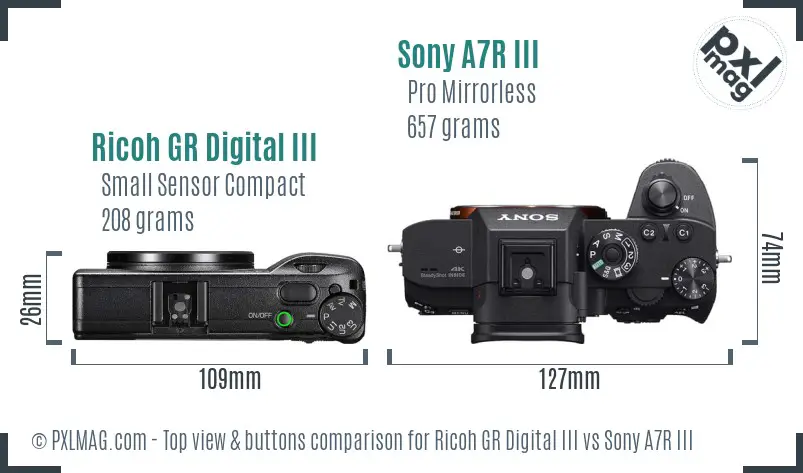 Ricoh GR Digital III vs Sony A7R III top view buttons comparison