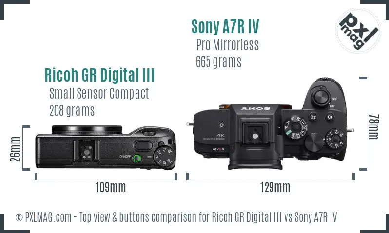 Ricoh GR Digital III vs Sony A7R IV top view buttons comparison