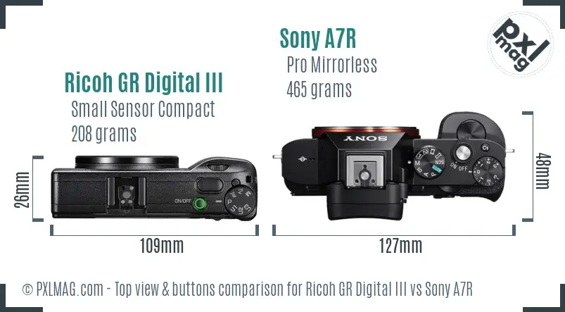Ricoh GR Digital III vs Sony A7R top view buttons comparison